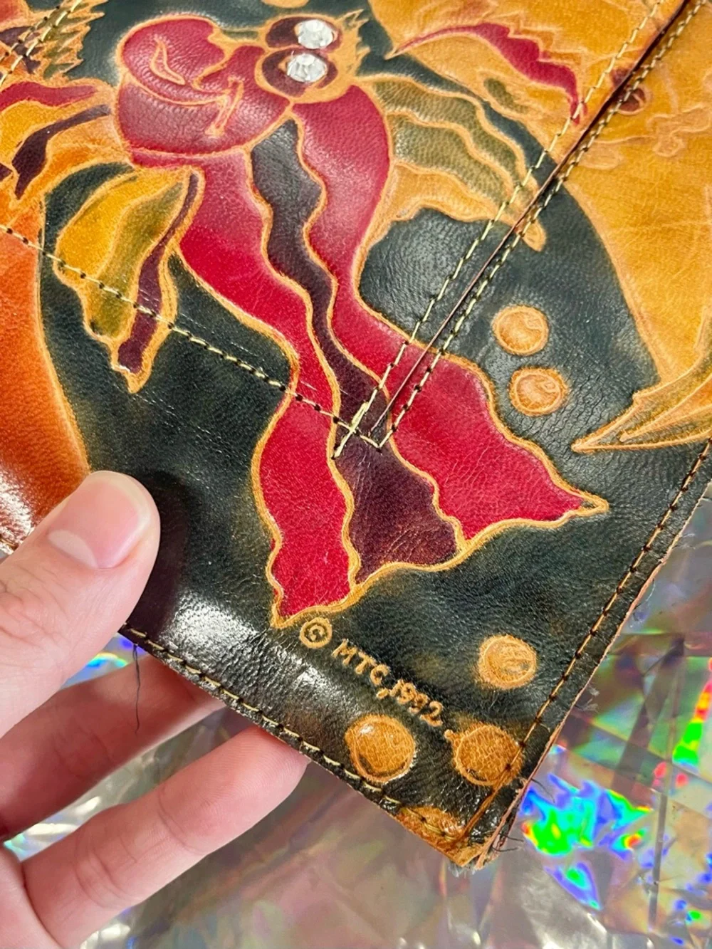 Vintage 1992 Embossed Leather Mini Bag Abstract Art Faces Fish Design Folk Art